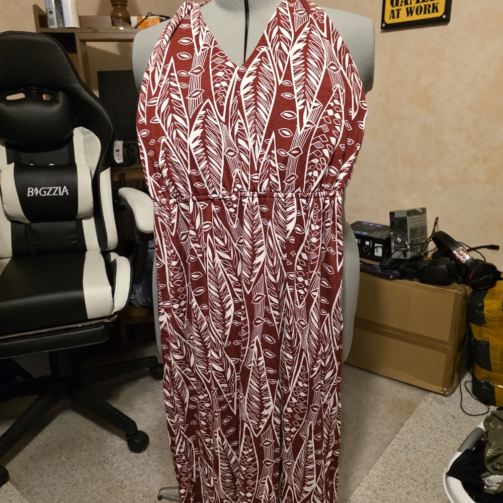 LOFT Burgundy and White Feather Print Backless Dress
